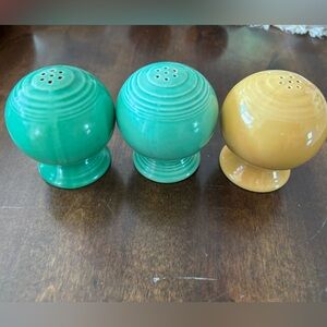 Vintage Fiesta Salt & Pepper. 2 green 1 yellow